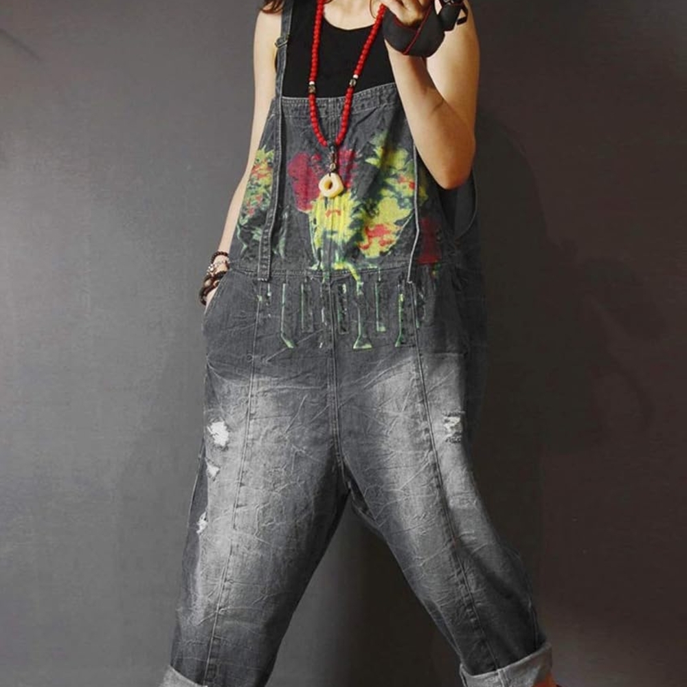 Women's Black Hand Painted Distressed Denim Overalls